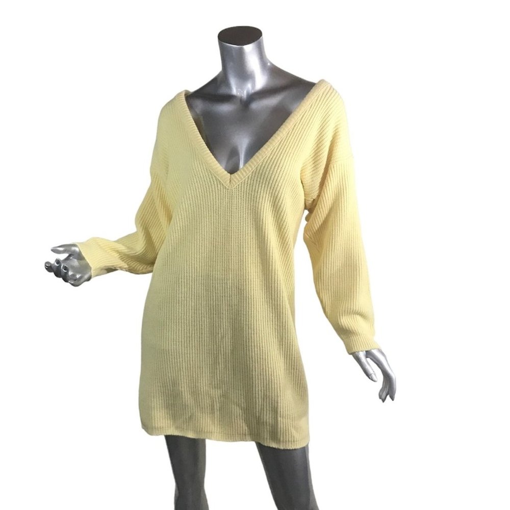 Vintage Women's Medium Large Yellow V Neck Sweater Dress